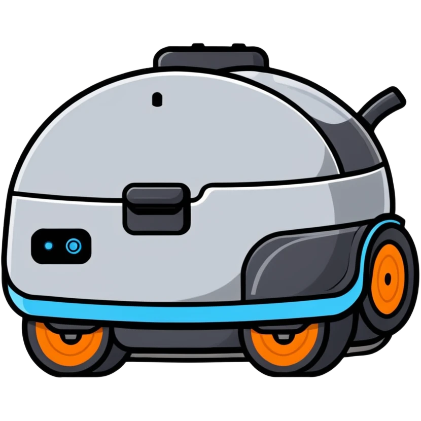 cute cleaning robot vacuum with blue, grey, and orange colors on wheels emoji