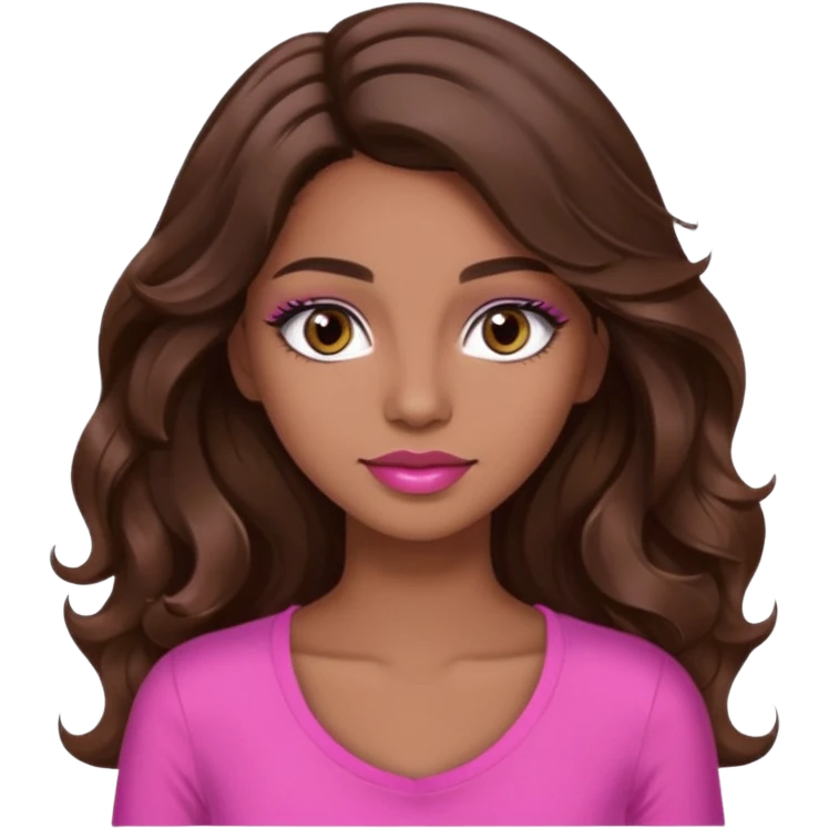 gorgeous woman, light brown skin, dark brown eyes, long wavy brown hair, pink top, wearing clear lipgloss and mascara  emoji