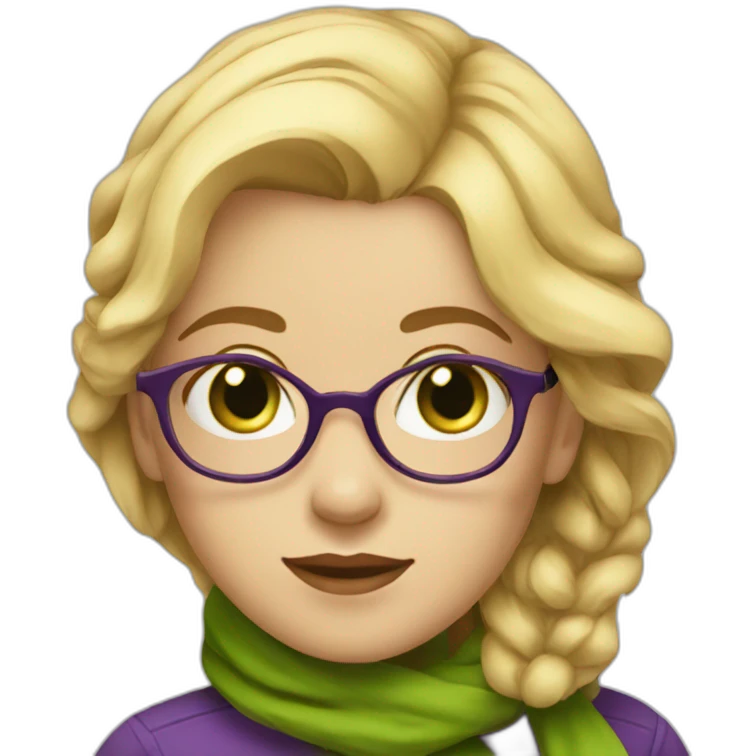 A girl with blonde medium hair and green eyes with glasses with purple scarf  emoji