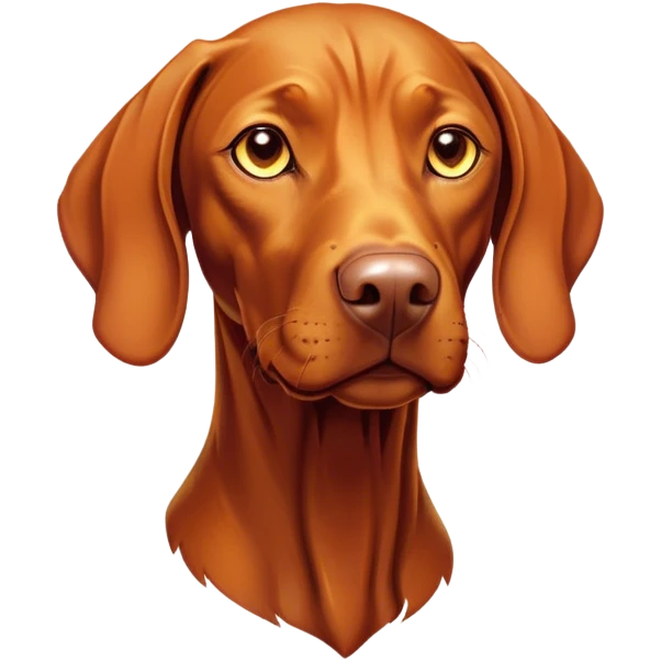 Cinematic Noble Vizsla Portrait Emoji, Poised and regal, with a sleek, athletic build and a short, smooth Fur of rust and gold, deep-set soulful amber eyes, Simplified yet sharp and sophisticated features, highly detailed, glowing with a soft, dignified glow, high shine, intelligent and agile, stylized with an air of determination, focused and attentive, soft glowing outline, capturing the essence of a watchful and confident companion, so majestic it feels as though it could sprint out of the screen with effortless authority! emoji
