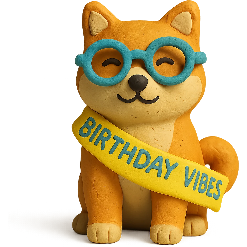 Shiba Inu wearing a "Birthday Vibes" sash and glasses, claymation style, transparent background emoji