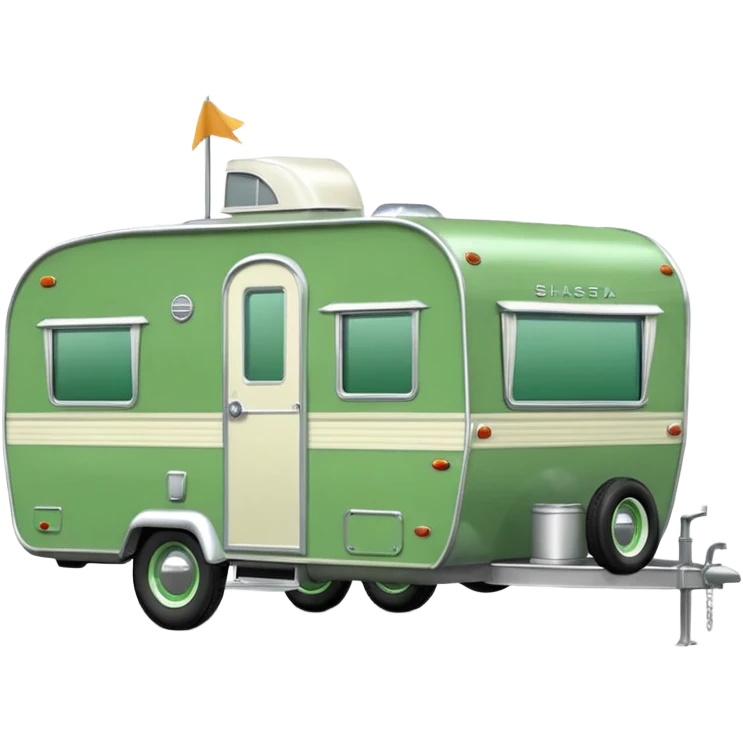 1960s Shasta trailer, single axle wheels, colored all green, the same green shade as movie trailer green preview card, light grey tires and grey hitch emoji