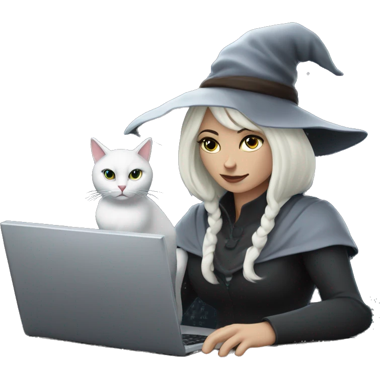 white witch who works an office job with a computer and a coffee and a book of spells sitting outside under a full moon with a cat emoji