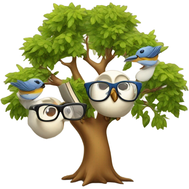 three birds in a tree but one of the birds wears glasses and hangs a book emoji