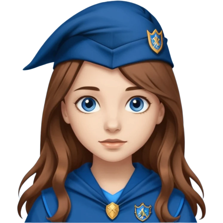 gorgeous Girl with light skin, blue eyes, long brown hair, wears a ravenclaw outfit emoji