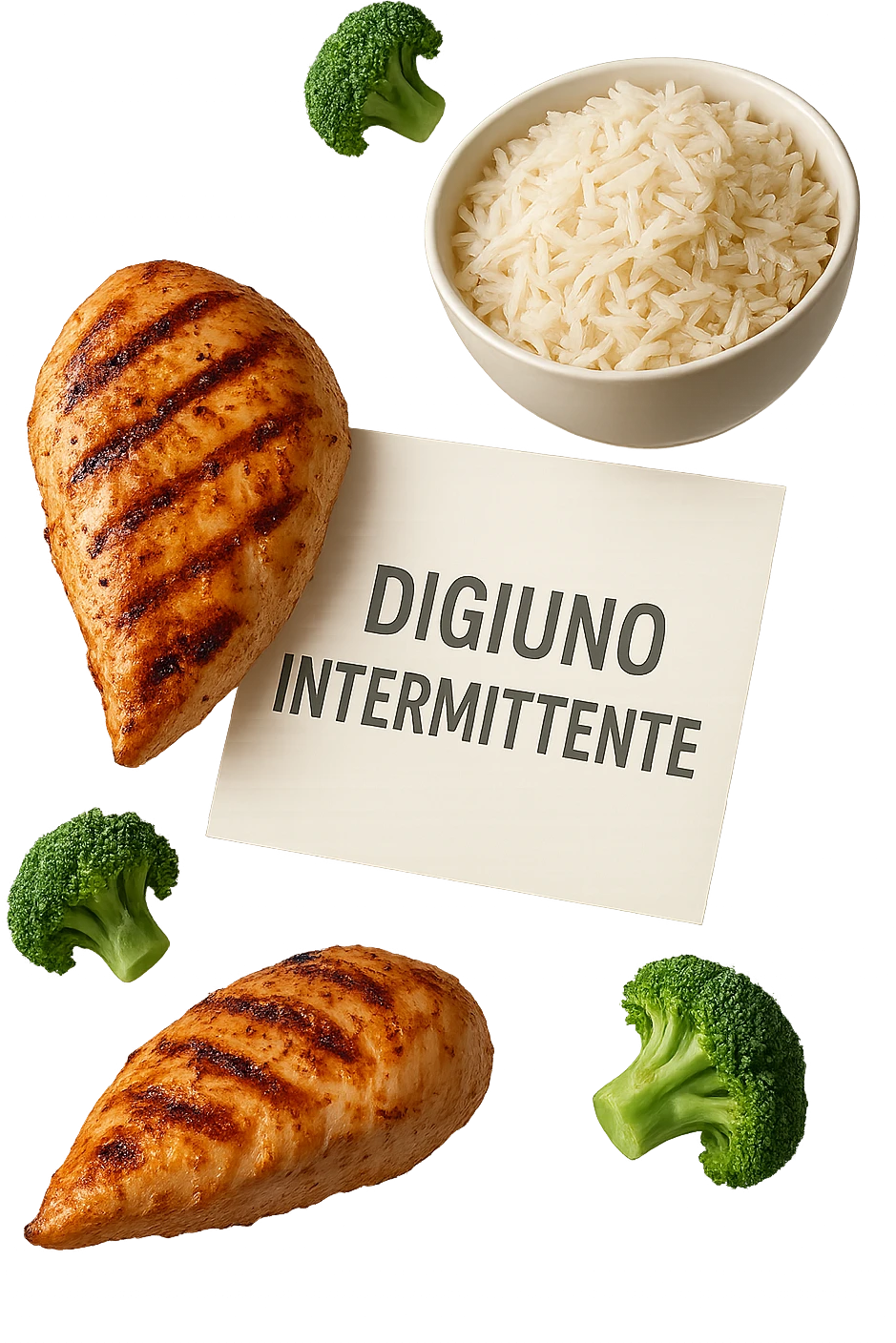 petto di pollo grigliato, bowl di riso basmati e broccoletti fluttuano in aria insieme ad un foglio con la scritta "DIGIUNO INTERMITTENTE", iperrealistico 4k emoji