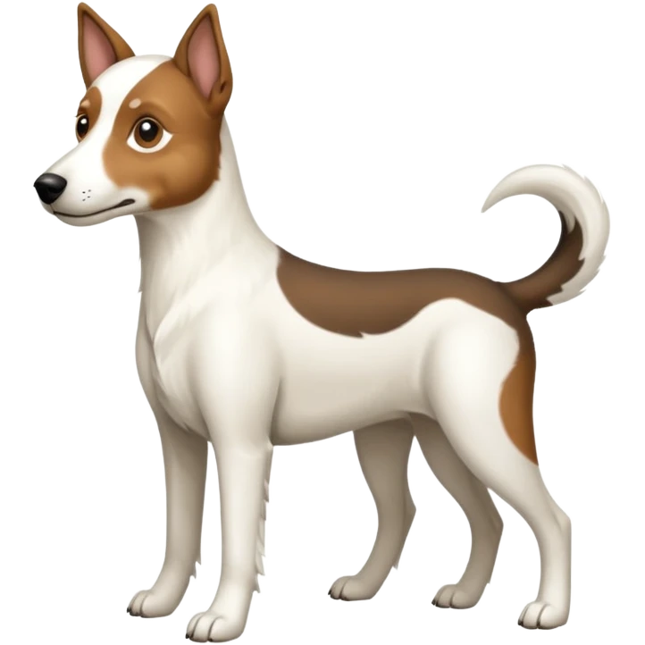 a full body large white floppy eared parson russell looking dog the size of a kelpie with light brown ears and a light brown patch on one eye and a large snout emoji
