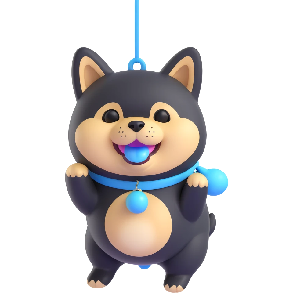 plump black shiba inu, blue bunny toy dangling from mouth, cheerful, suggestion of cheese smell emoji