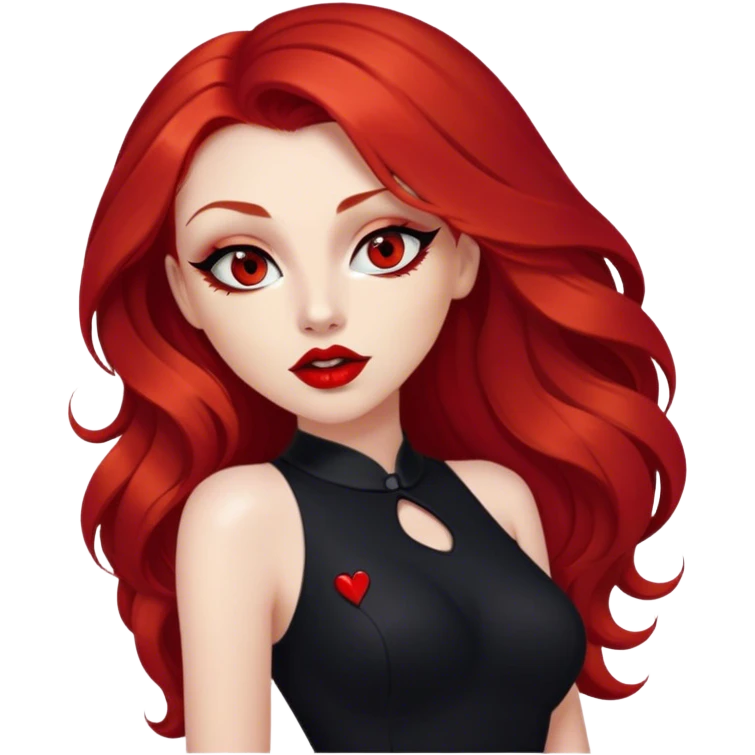 a pretty woman with long red hair and red eyes. The woman wear a black little cutted dress. She have red lipstick and she have a seductive look. She do a smack emoji