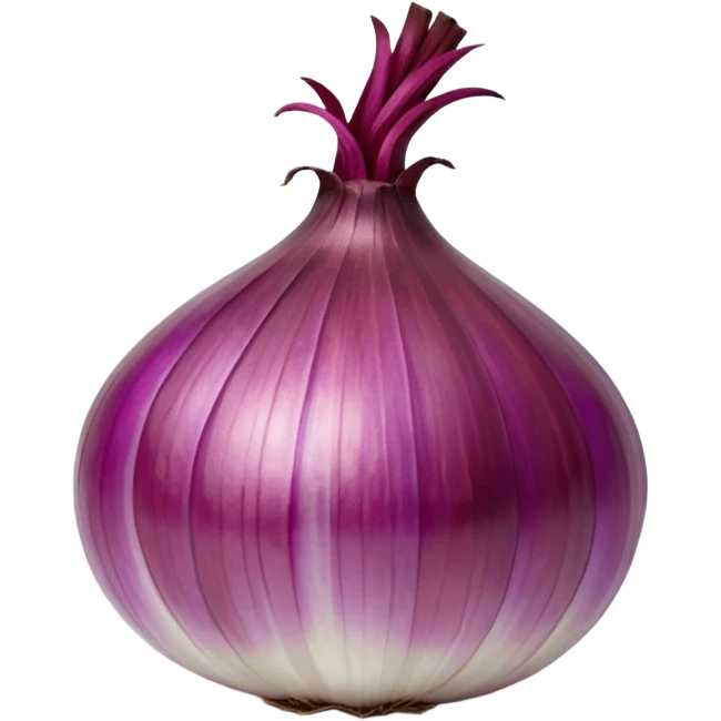 whole red onion, shiny papery outer skin, rich purplish-red tones, natural striations, dried stem, dry root strands, 3D rendered, clean minimal soft shadows, realistic lighting, no anthropomorphic features, emoji scale emoji