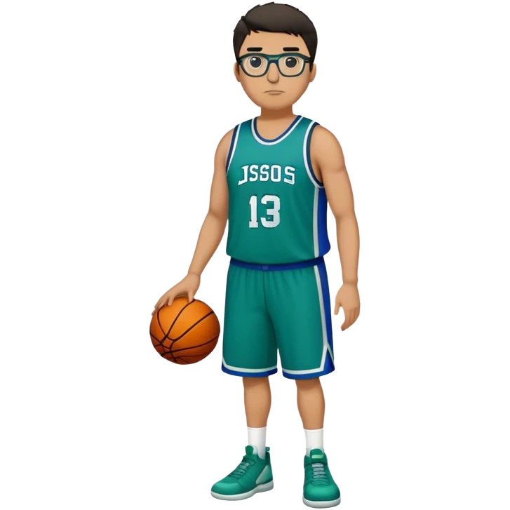 Full Body plus size tall white male with dark short hair basketball player wearing glasses wearing blue green uniform emoji