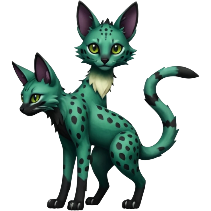 Epic complex detailed dark dusky gloomy deep gothic dark-deep-green, black, realistic Fakémon-Sprigatito-Floragato-Meowscarada-Trico-Sergal-Serval-Vernid-creature (full body) emoji