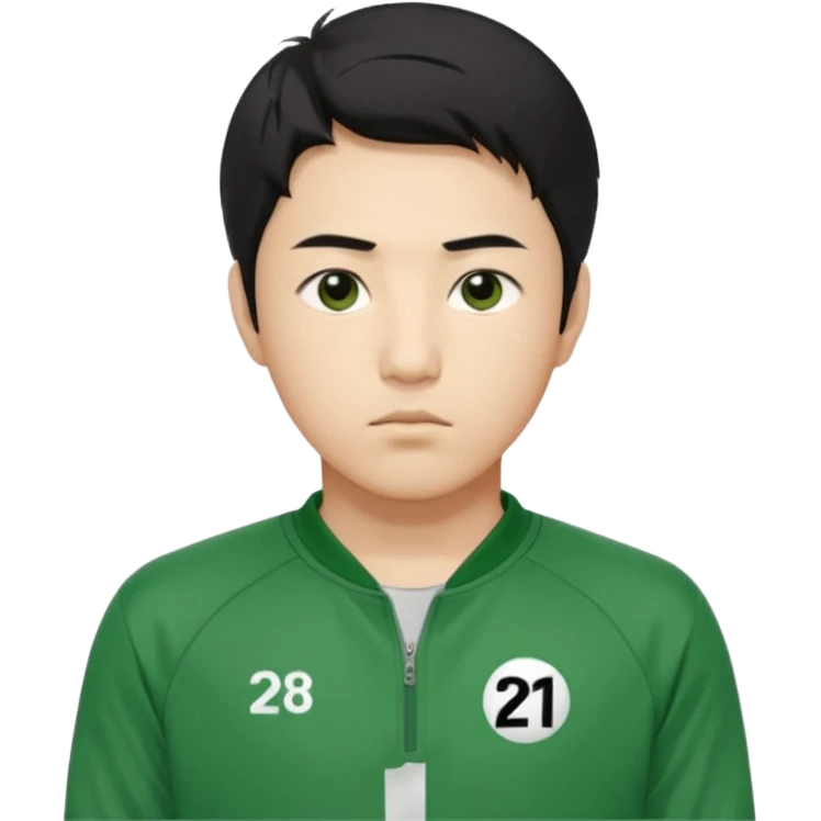 "Illustrate Cho Sang-woo (Player 218), Korean male, neat black hair, serious face, green tracksuit with number 218 bold on chest & sleeve.. emoji