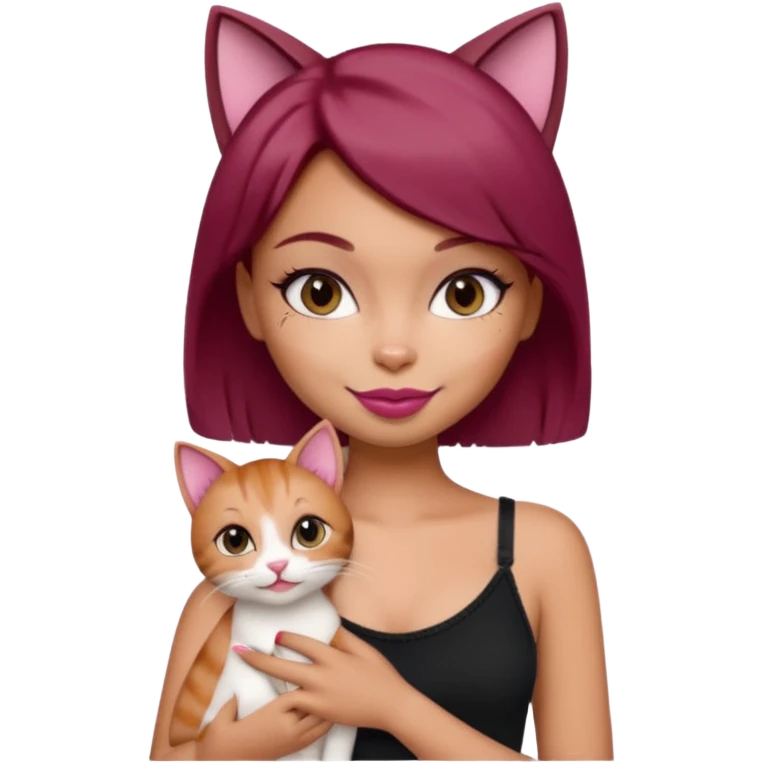 generate a pretty bratz girl with short dark red hair holding a cat smiling. Wearing a black cami emoji