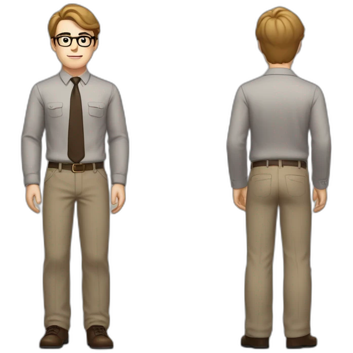 Full height Pale skinned fit man with dark brown hair in gray jacket, beige office shirt, brown tie, brown pants and vintage glasses. His right hand stretched out emoji