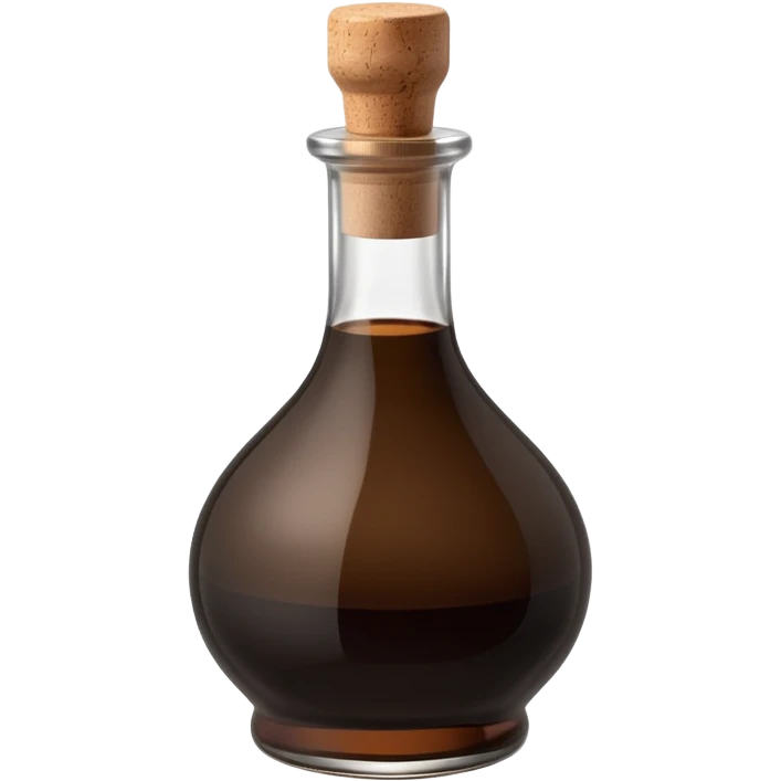 small glass bottle of balsamic vinegar, deep brown or ruby, glossy and thick, round or square base, long neck, cork or metallic cap, dark glass, subtle transparency, blank label optional, 3D-rendered, minimal, no faces, transparent background emoji