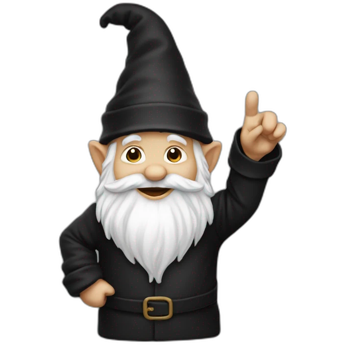 gnome waving hey in black clothing excitedly with one hand emoji