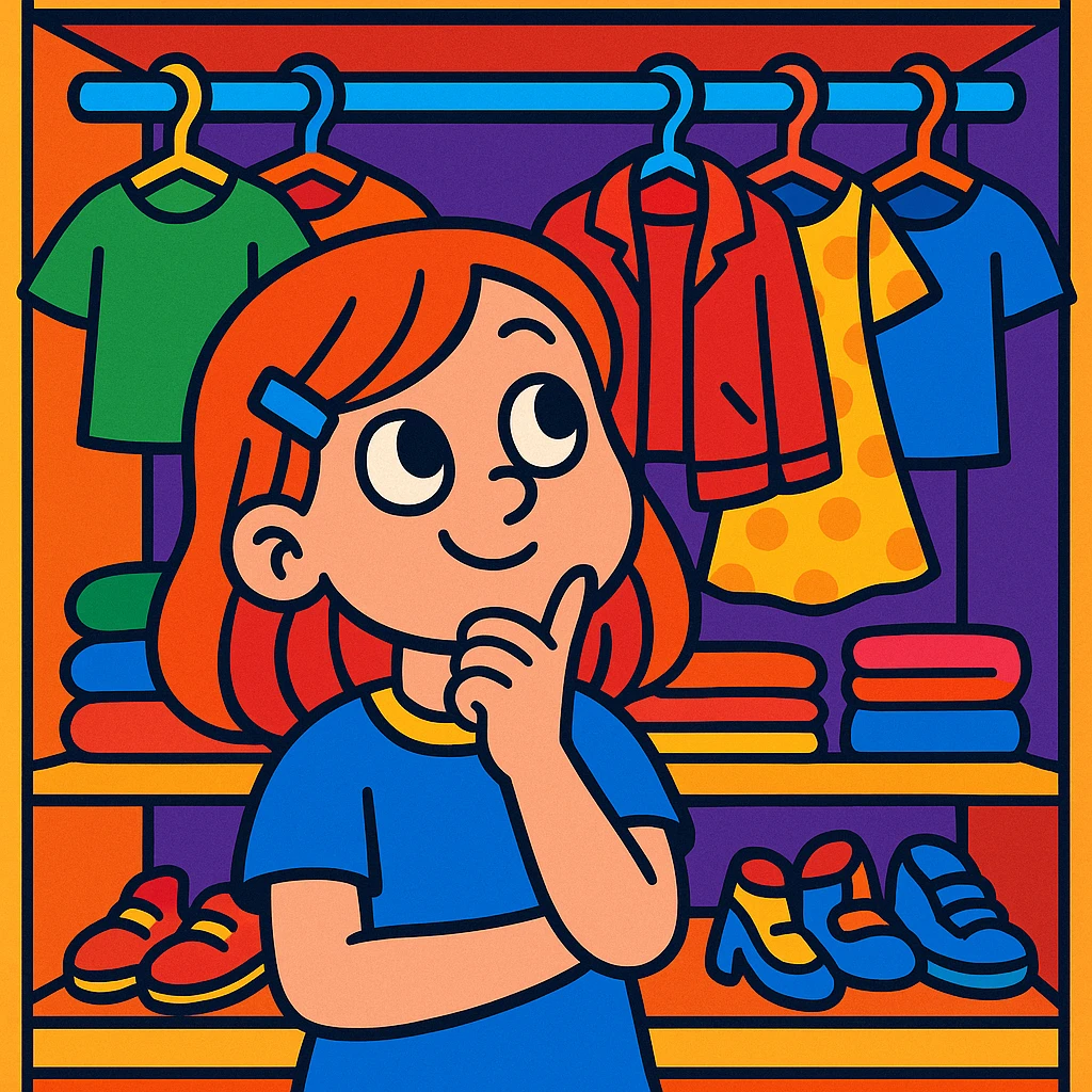 girl with hand on chin, closet full of clothes, playful, vibrant style, colorful, cartoon style emoji