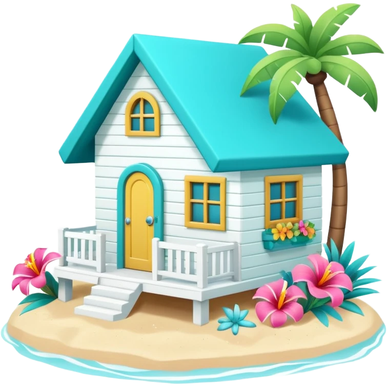 cute beach house, turquoise and white, colorful details, tropical flowers, 3D cartoon, mobile game icon style, clean background, no text, no watermark
 emoji