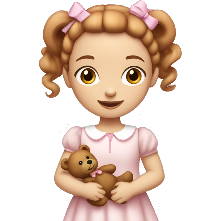 Little Girl with White skin, blue eyes. Light brown and red hair in two ponytails, with light pink bows.  She is wearing a light pink and White dress, standing and holding a teddybear with a pink bow. emoji