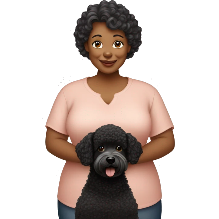 50 year old chubby woman with 03 dogs being a black poodle, a big ear caramel and a baby shorthair caramel emoji