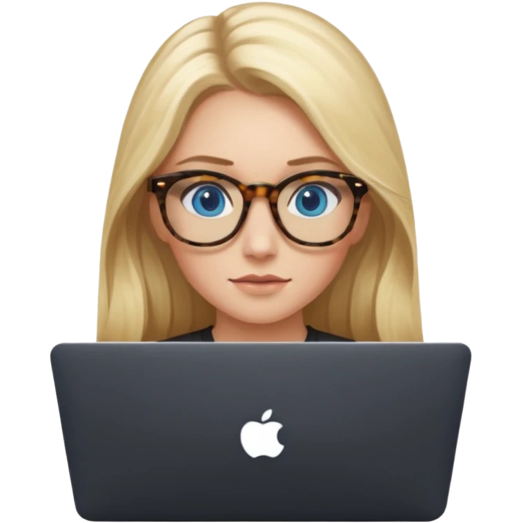 long blonde hair woman blue eyes on mac lap top with tortoise shell print glasses with black shirt emoji