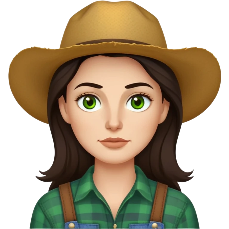 Me  a white woman with long dark brown hair green eyes and high cheek bones and thin top lip and big bottom lip and a mole on my left side of my chin very thin eyebrows with a scar on the right eyebrow and a farmer emoji