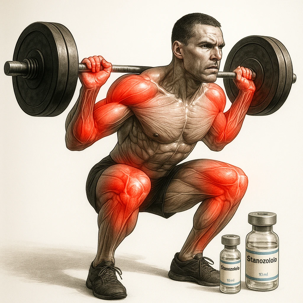 realistic anatomical image of a crossfit athlete with joints highlighted in red to show pain, detailed muscles, rigid posture, vials labeled 'Stanozololo' nearby, intense light, white background emoji