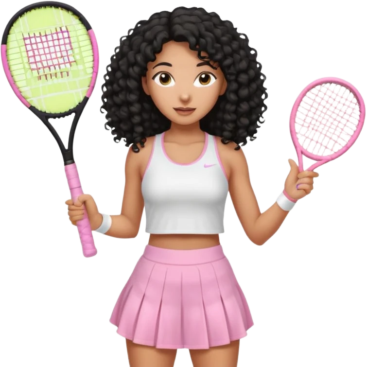 Mixed-race athletic woman with bronzed skin, long black curly hair, wearing pastel pink tennis skirt and white crop top, holding a racket emoji