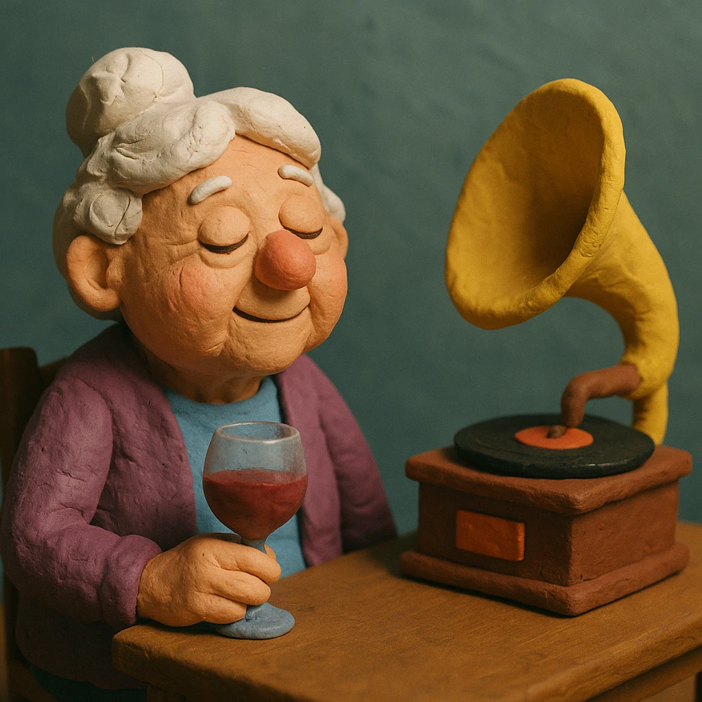 old lady with wineglass listening to gramophone emoji