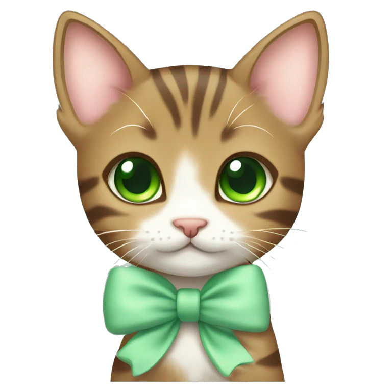 kawaii brown tabby kitten with green eyes and pastel green bow on ear emoji