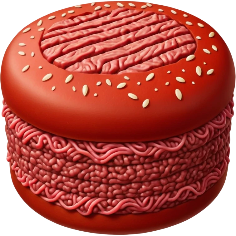 single round patty of raw ground beef with deep red color, visible strands from grinding, slightly uneven surface with pressed ridges or grid pattern on top, moist fresh appearance, no packaging, plate, or garnish, soft lighting, subtle shadows, emoji scale emoji