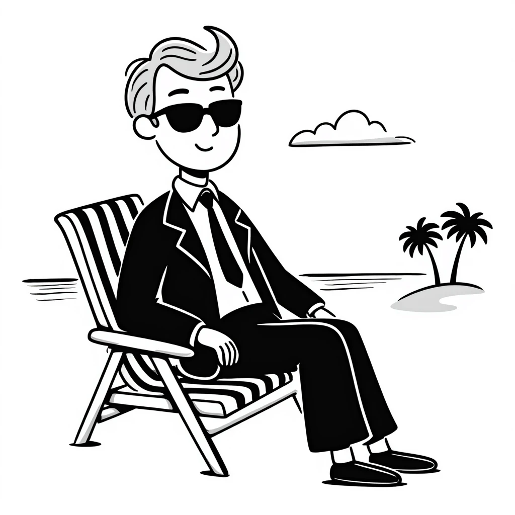 blonde businessman in formal suit sitting in a beach chair on a tropical vacation, relaxing emoji