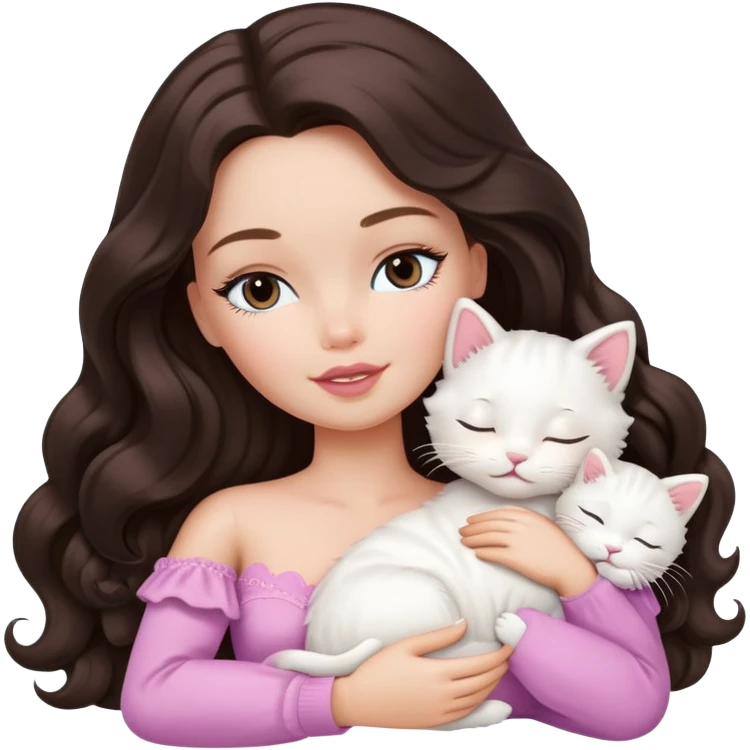 White Barbie girl dark brown long wavy hair sleeping with white kitty emoji