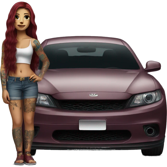 Beautiful tattooed burgundy long haired woman standing next to a car emoji