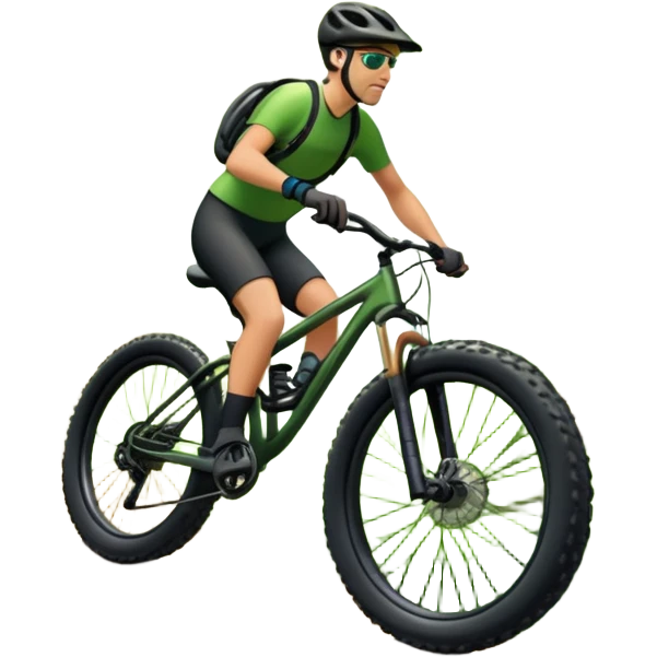 An icon showing a mountain bike with thick tires on a forest trail, surrounded by trees and natural terrain. The background features a lush green forest with sunlight filtering through the branches, and a winding path ahead. Transparent background highlights the  adventure of mountain biking. emoji