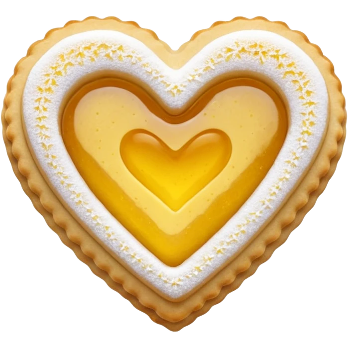 Realistic shortbread cookie in the shape of a heart with color of lemon jelly middle filling and sprinkled powder sugar on top. emoji