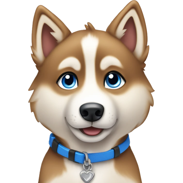  Caramel Frappe Brown husky puppy sitting head tilted gazing at viewer with blue eyes emoji