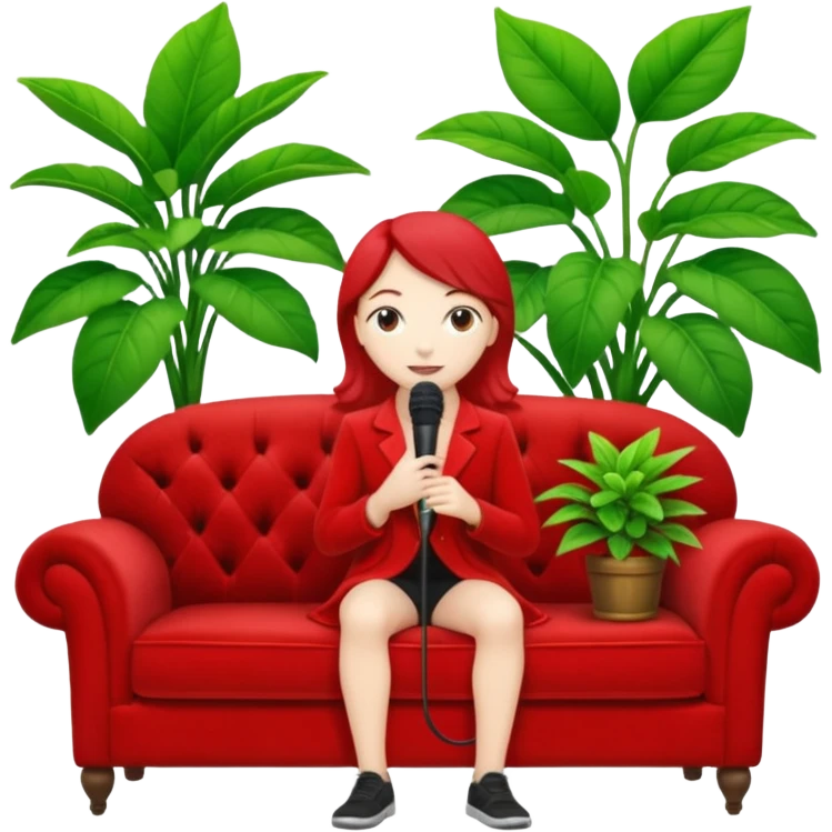 red velvet luxury couch with a stand mic in front and houseplant in back emoji