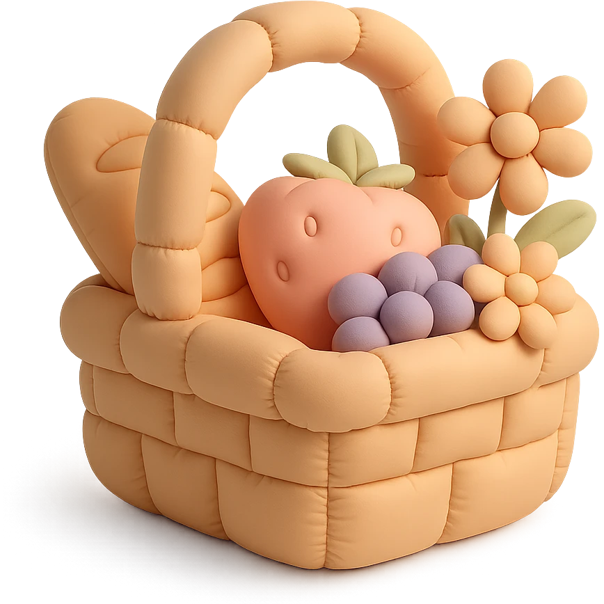 picnic basket with berries, bread, and flowers in warm pastel shades, cushion style emoji