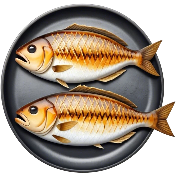 Gradele Cinematic Realistic Gradele Dish Emoji, depicted as 2 perfectly grilled fish with prominent grill marks and a smoky finish, rendered with vivid textures and dynamic, natural lighting. emoji
