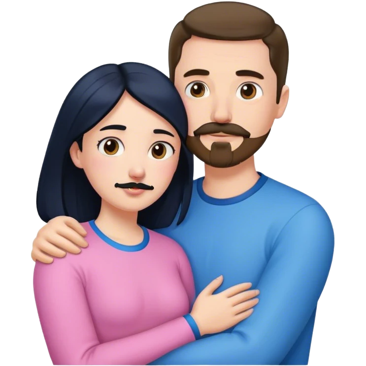 Tall white man with brown mustache goatee wearing blue AND a short pale woman with long black hair wearing pink, hugging emoji