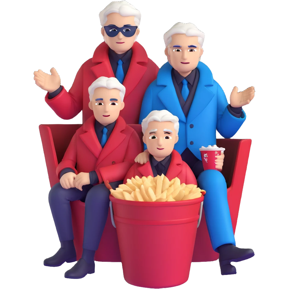 Dante and Vergil from Devil May Cry sitting together in a KFC family bucket, Dante in red coat, Vergil in blue coat, both with white hair emoji