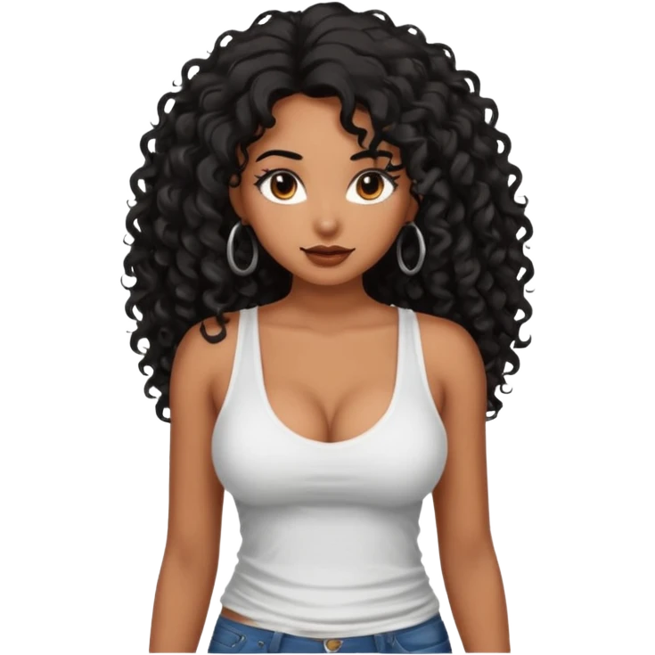 brown skinned lady with curly black hair long hair, messy, nice curves, busty, low cut tank top emoji