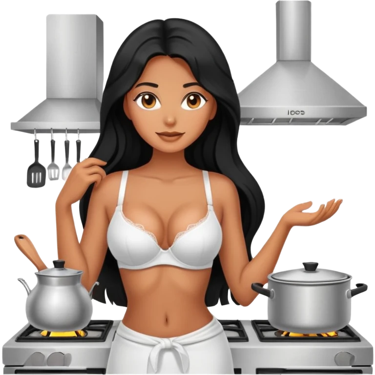 cooking stove with pot, black long hair tanned woman, bra  emoji