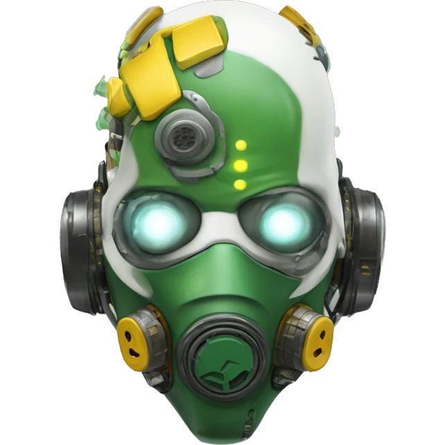Green skin cyborg head with dark yellow Mohawk, white respirator mask and circuitry emoji