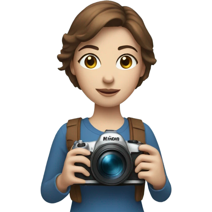 woman with brown short hair and blue eyes holding a nikon camera emoji