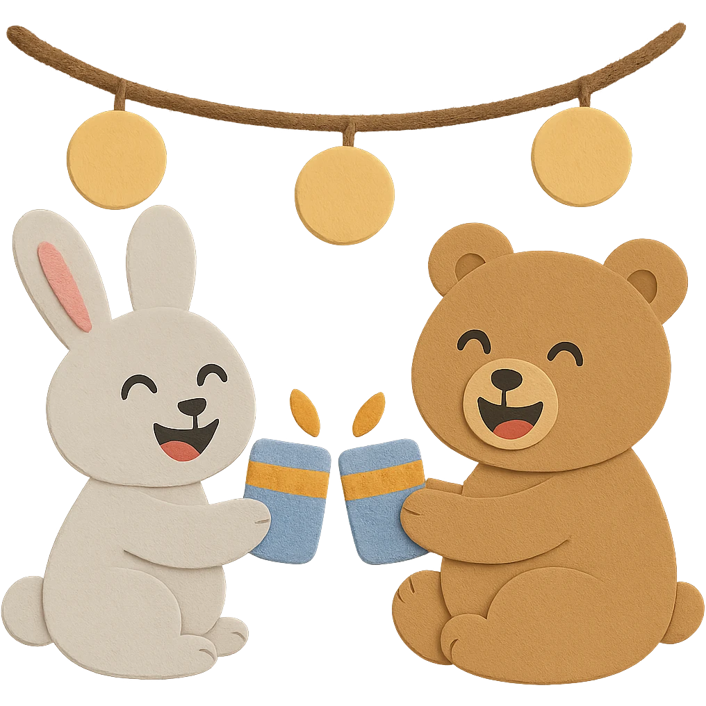 Make the image more visually appealing with both the bunny and bear having laughing faces, and ensure the body parts of the bear and bunny are visually good looking and matching. Keep all other design elements unchanged emoji