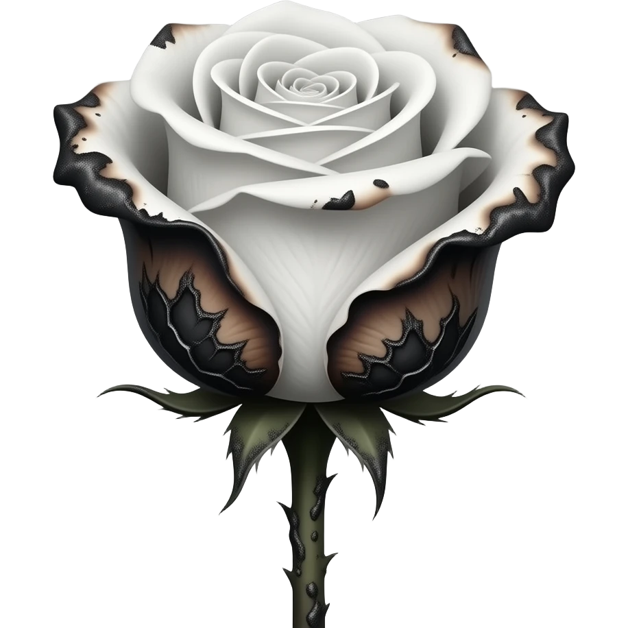 A stark white rose with a burnt ombre effect, charred black soot creeping up the petals, long stem visible, high-contrast textures, neutral grey background emoji