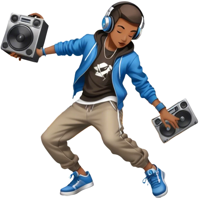 Icon for Street Dance: a dancer in urban streetwear performing a dynamic lower breakdance move, with a spray-painted background, headphones, and a boombox on the asphalt. The icon should capture the energy, style, and creativity of street dance culture. Transparent background. emoji